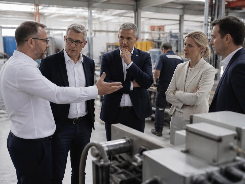 Executive operations review on a factory floor