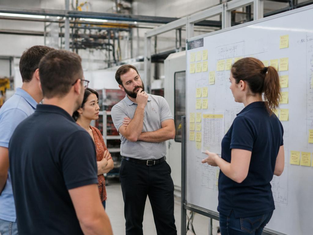 Continuous improvement workshop with a team at a whiteboard on the factory floor